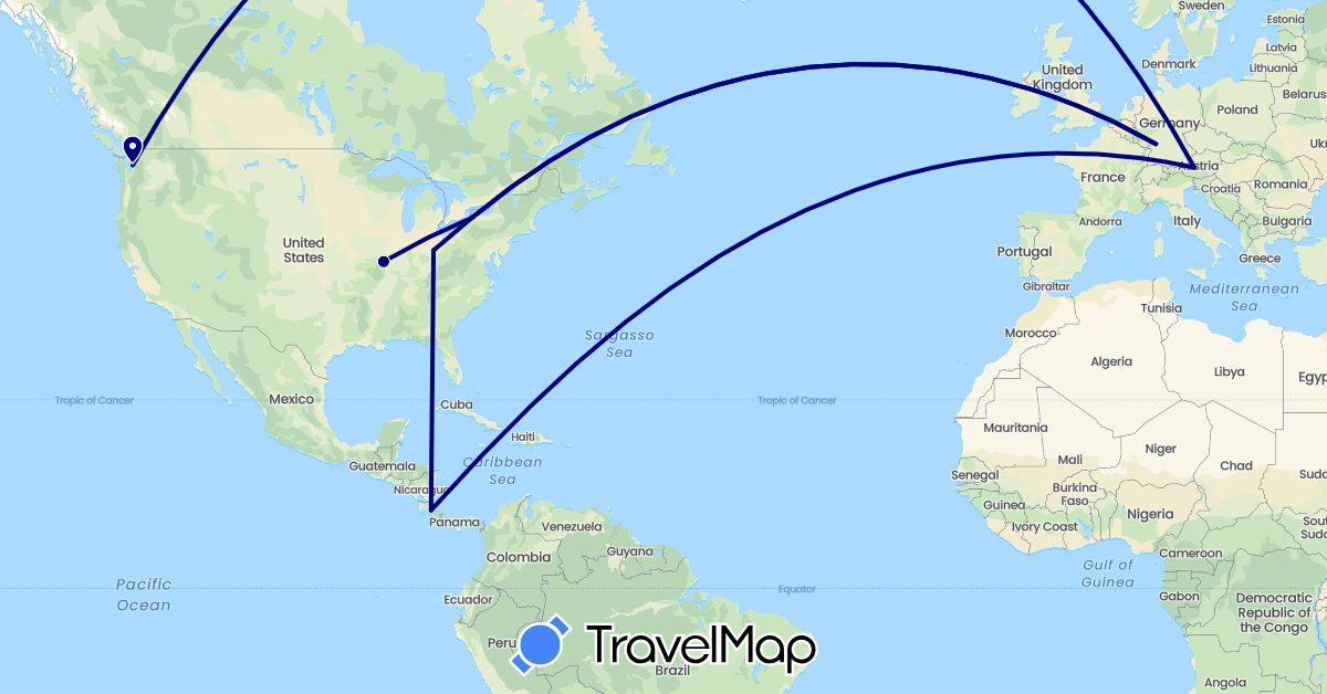 TravelMap itinerary: driving in Austria, Costa Rica, Germany, United States (Europe, North America)